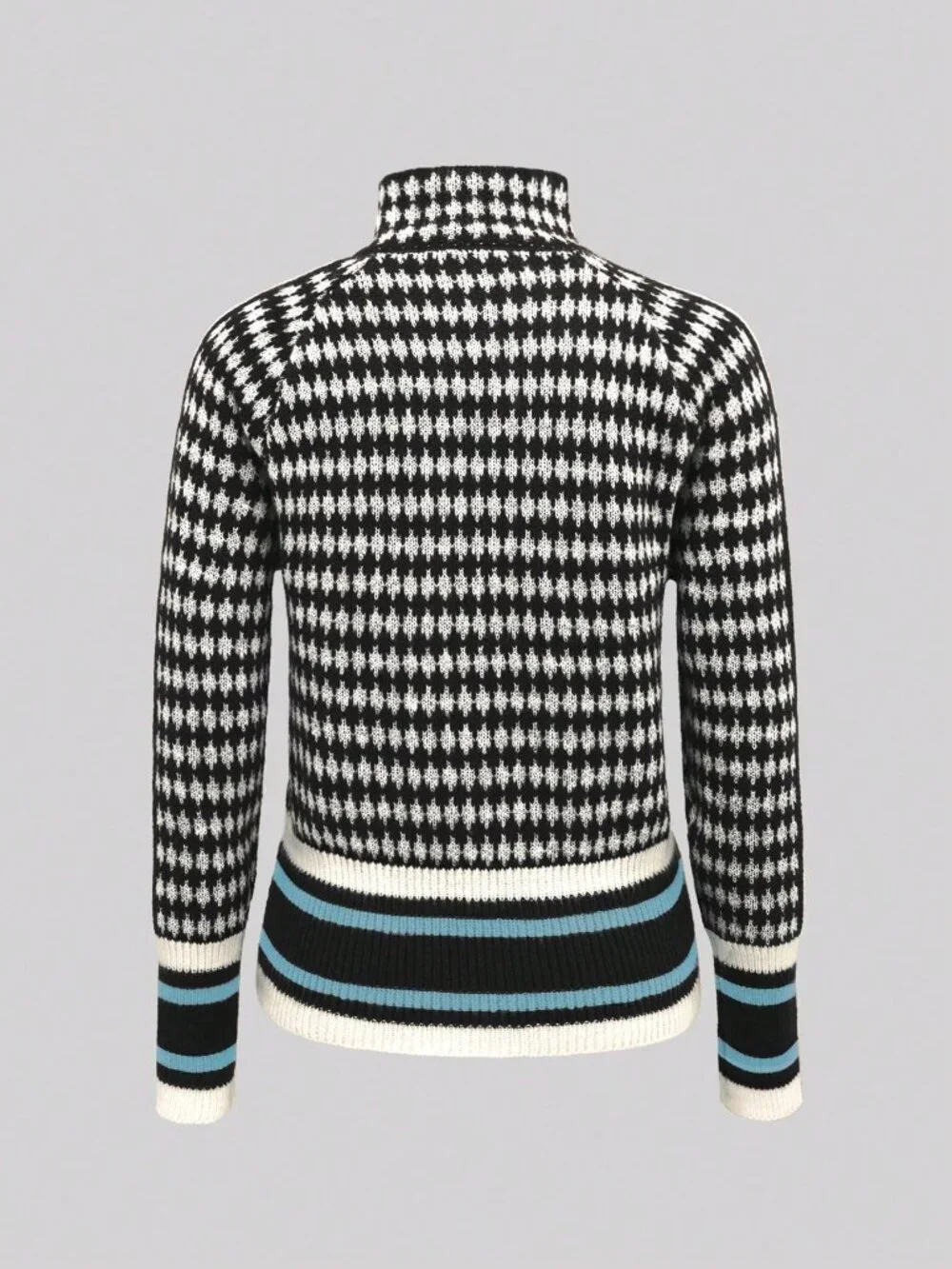 Blue And White Casual Women's Color Block Zipper Knit Stand Collar Cardigan